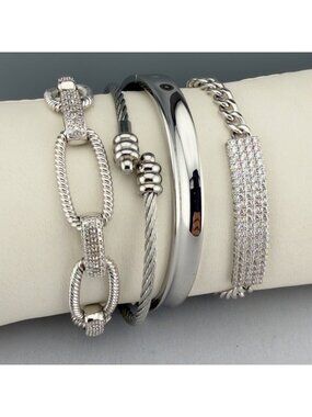 Silver Tone Cable Pave Chain Bangle Bracelet Set of 4 CZ Accents Stackable